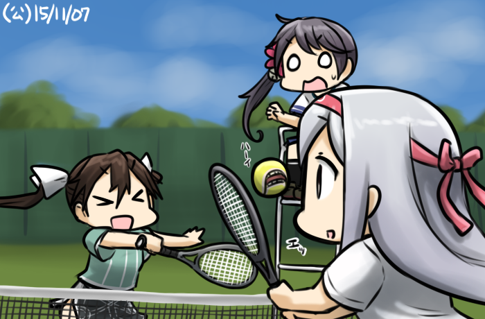 &gt;_&lt; 0_0 3girls akebono_(kantai_collection) ball bell bow closed_eyes dated flower hair_bell hair_bow hair_flower hair_ornament hairband hamu_koutarou kantai_collection multiple_girls racket shoukaku_(kantai_collection) side_ponytail sportswear tennis tennis_ball tennis_racket tennis_uniform tone_(kantai_collection) twintails