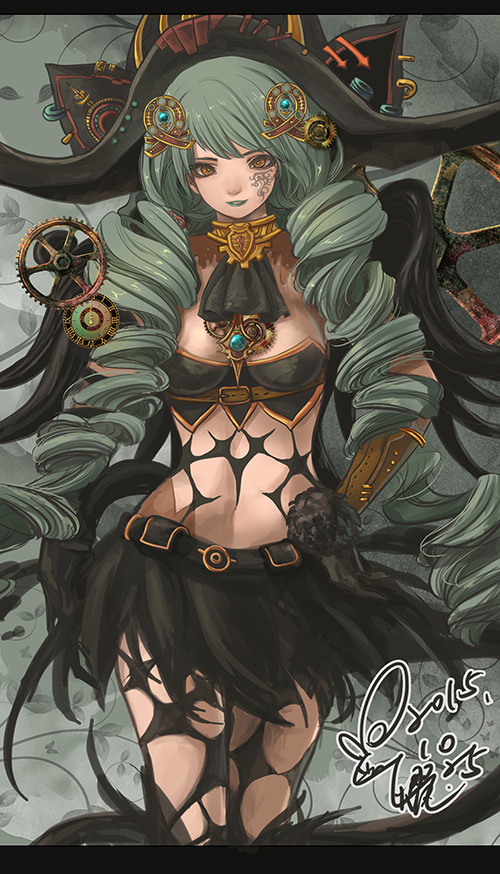 1girl adapted_costume black_skirt brown_eyes choker cowboy_shot cravat drill_hair facial_mark fiore_burnelli green_hair grey_background hair_ornament hat kom_(water0371) long_hair skirt smile solo star_ocean star_ocean_integrity_and_faithlessness steampunk tattoo