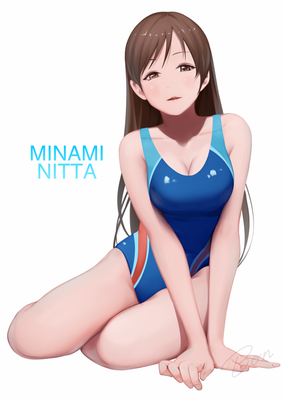 1girl bon_nob breasts brown_eyes brown_hair character_name competition_swimsuit idolmaster idolmaster_cinderella_girls long_hair looking_at_viewer nitta_minami one-piece_swimsuit simple_background solo swimsuit