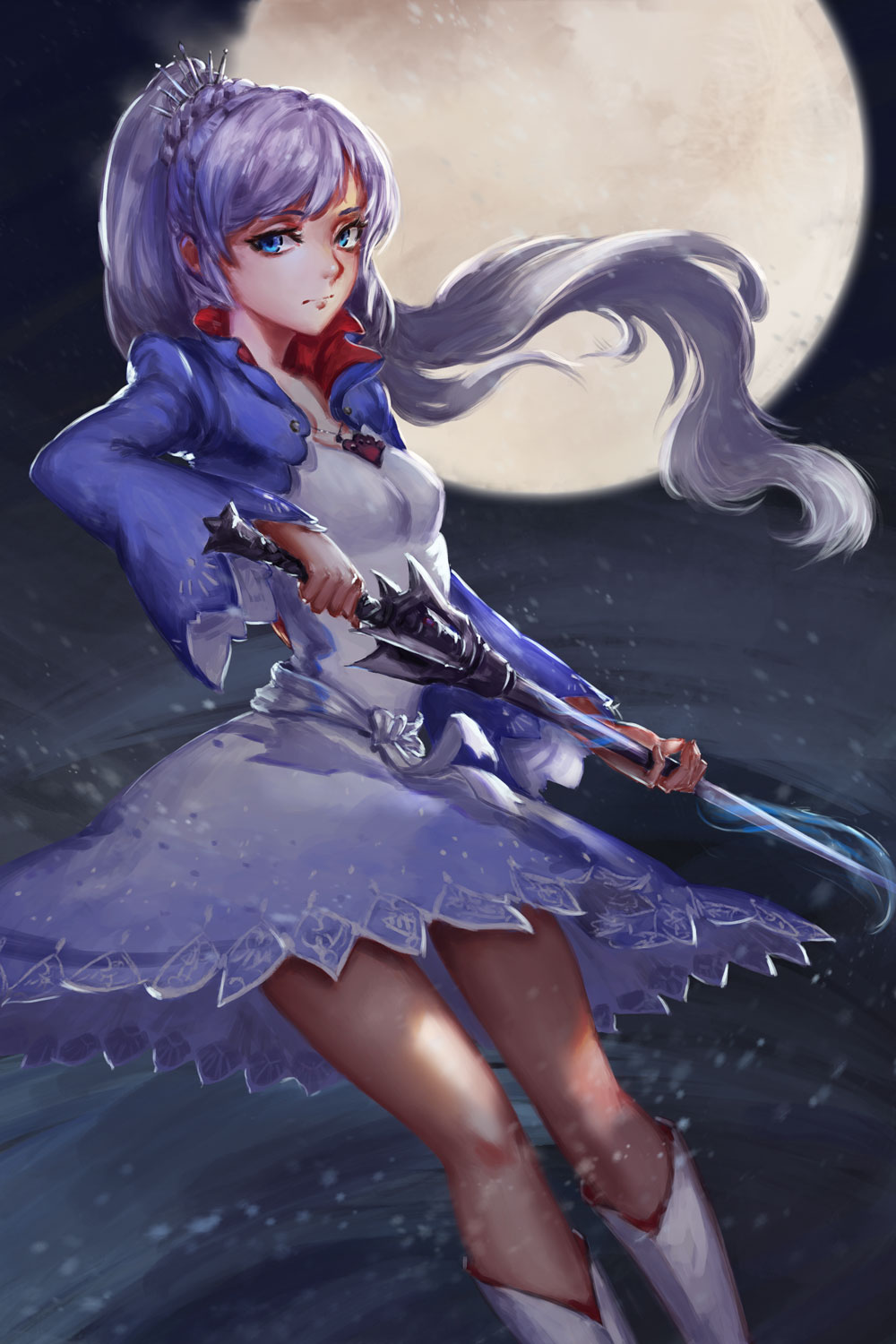 1girl belt blue_eyes boots cropped_jacket dress highres jewelry long_hair long_sleeves looking_to_the_side moon necklace night pendant ponytail rapier ribbon rwby snow solo sword weapon weiss_schnee white_boots white_dress white_hair wide_sleeves xuetu13