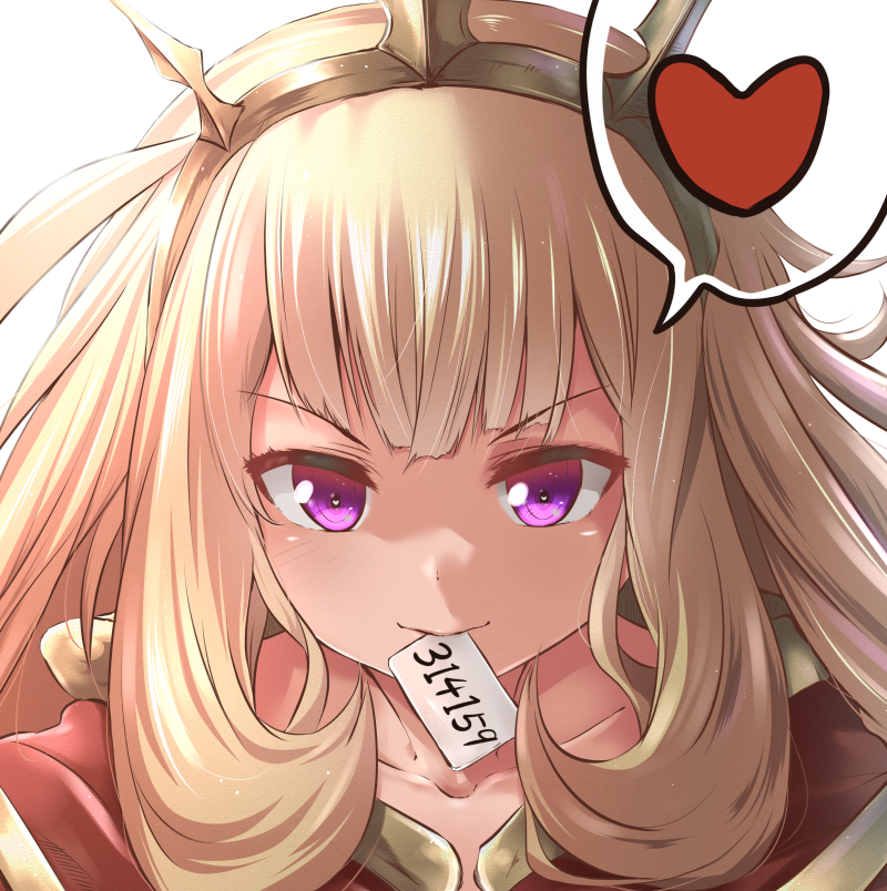 &gt;:) 1girl blonde_hair cagliostro_(granblue_fantasy) collarbone crown granblue_fantasy hairband heart heart-shaped_pupils long_hair looking_at_viewer mouth_hold paper pi_(math) portrait solo spoken_heart symbol-shaped_pupils tai_(nazutai) tiara violet_eyes
