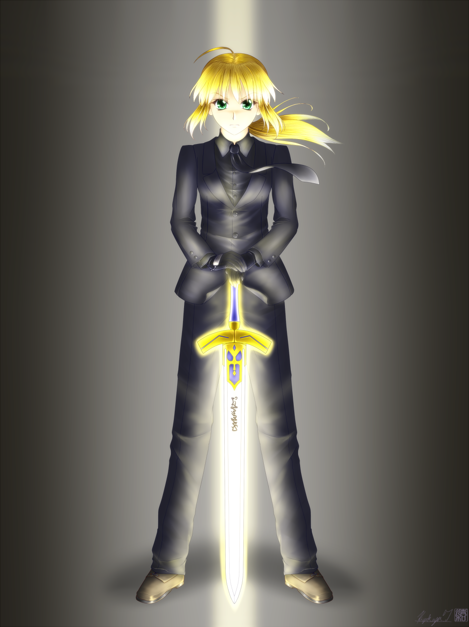 1girl ahoge armor blonde_hair excalibur fate/stay_night fate/zero fate_(series) formal glowing green_eyes highres kiyokazu necktie pants planted_sword planted_weapon saber solo suit sword type-moon weapon wind_lift