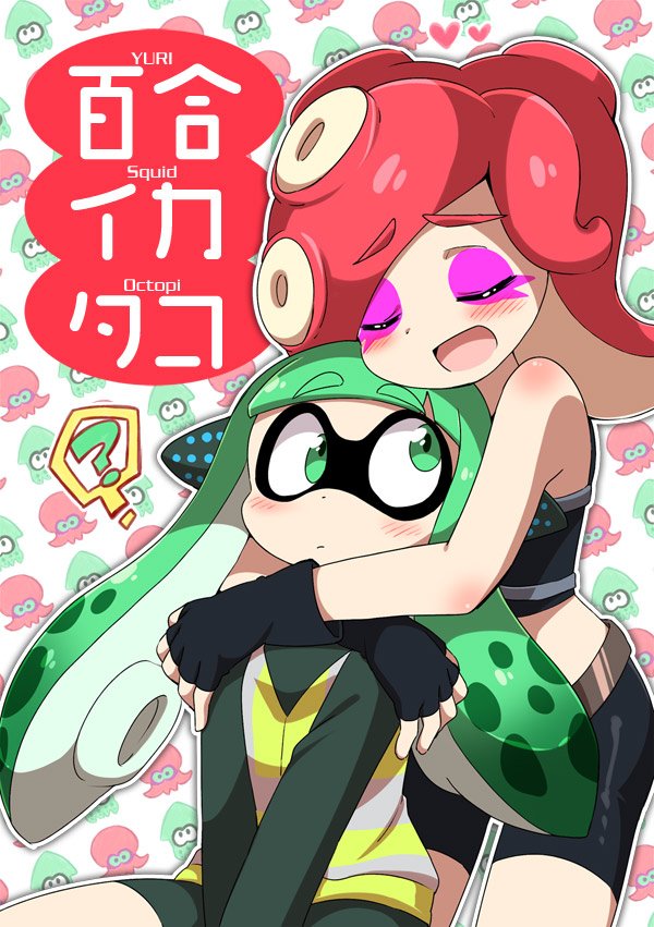 2girls ? agent_3 arms_around_neck artist_name bike_shorts blush closed_eyes commentary_request domino_mask eromame eyebrows eyeliner fingerless_gloves gloves green_eyes green_hair headphones hug hug_from_behind inkling long_hair makeup mask midriff multiple_girls redhead splatoon spoken_question_mark tentacle_hair thick_eyebrows translation_request yuri