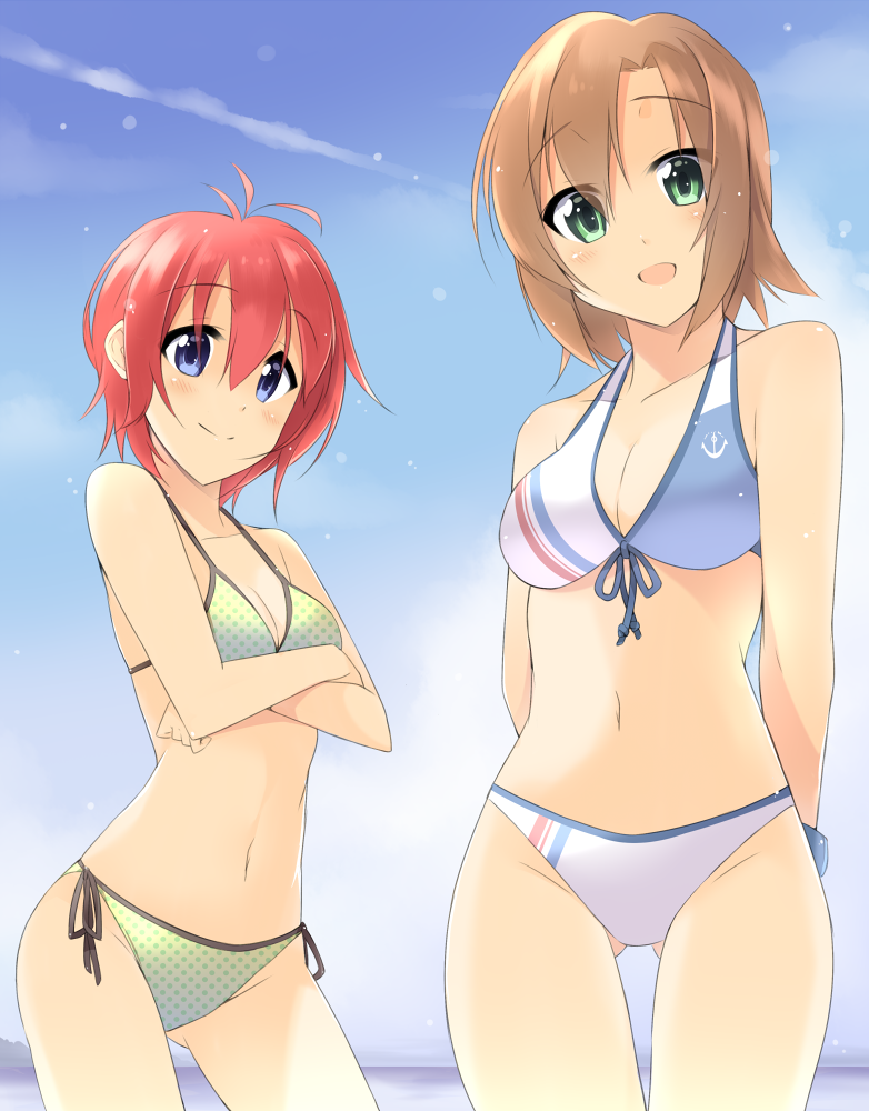 2girls :d anchor_symbol ass_visible_through_thighs bikini blue_eyes breasts brown_hair cleavage contrapposto crossed_arms front-tie_top green_eyes idolmaster idolmaster_cinderella_girls idolmaster_million_live! julia_(idolmaster) looking_at_viewer multiple_girls navel open_mouth polka_dot polka_dot_bikini polka_dot_swimsuit redhead sasakura short_hair side-tie_bikini sky smile swimsuit tada_riina thigh_gap