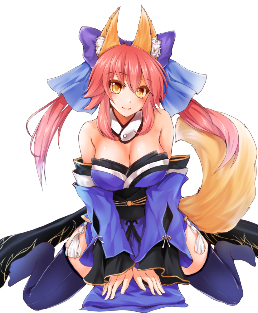 1girl animal_ears bare_shoulders bow breasts caster_(fate/extra) cleavage detached_sleeves fate/extra fate_(series) fox_ears fox_tail hair_ribbon japanese_clothes long_hair pink_hair ribbon ryuushou simple_background solo tail twintails white_background yellow_eyes