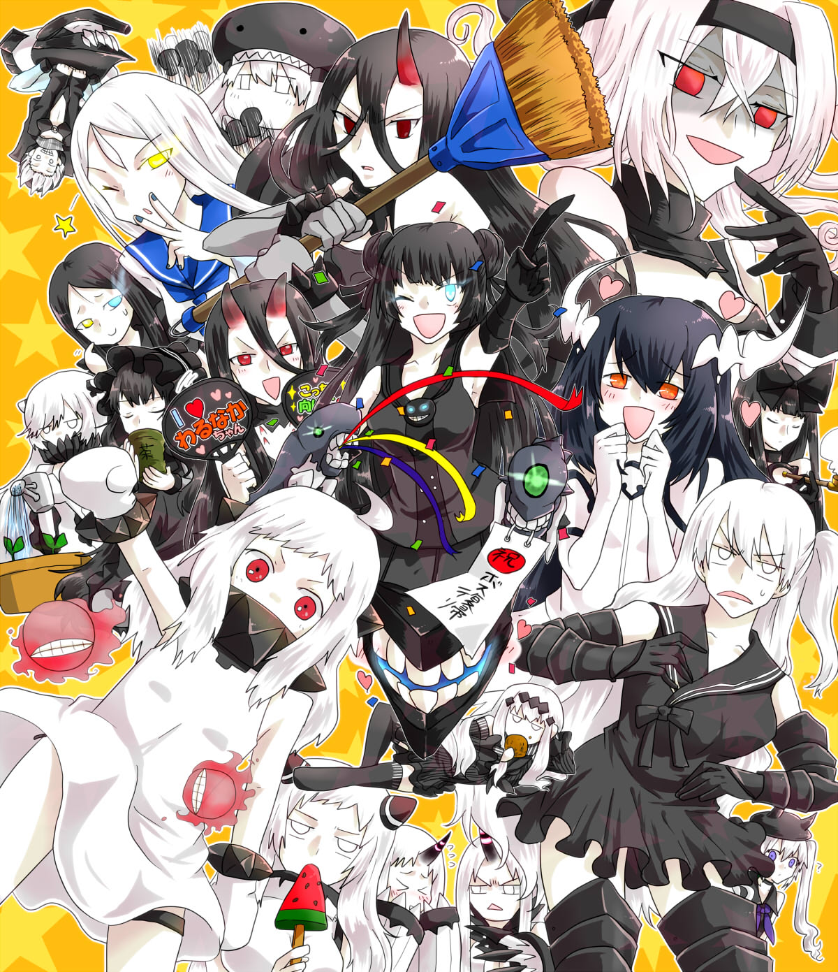 &gt;:d &gt;_&lt; 6+girls :d ;d ahoge air_defense_hime aircraft_carrier_oni aircraft_carrier_water_oni airfield_hime anchorage_water_oni armored_boots battleship_hime battleship_water_oni black_gloves black_hair blue_eyes boots breasts broom choker claws closed_eyes covered_mouth destroyer_hime detached_sleeves dress escort_fortress_(kantai_collection) ezima_minami gauntlets gloves glowing glowing_eye gothic_lolita ha-class_destroyer hair_between_eyes hair_ornament hairband headband headgear heterochromia highres holding horn horns i-class_destroyer isolated_island_oni kantai_collection large_breasts light_cruiser_oni lolita_fashion lolita_hairband long_hair lying midway_hime mittens multiple_girls northern_ocean_hime one_eye_closed one_side_up open_mouth orange_eyes popsicle re-class_battleship red_eyes ru-class_battleship sailor_dress school_uniform seaplane_tender_hime seaport_hime seaport_water_oni senbei serafuku shinkaisei-kan short_dress short_hair side_ponytail smile sweat ta-class_battleship tail thigh-highs thigh_boots translation_request v violet_eyes white_dress white_eyes white_hair white_skin wo-class_aircraft_carrier zettai_ryouiki