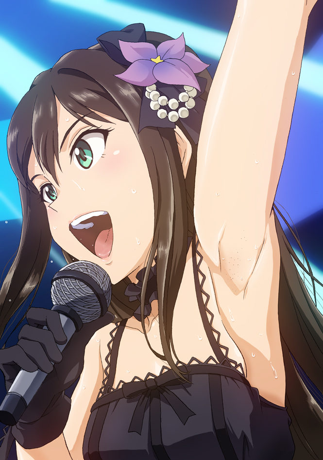 1girl :d arm_up armpits bare_shoulders black_gloves black_gothic_dress_(idolmaster) flower fugakuhyakkei gloves green_eyes hair_flower hair_ornament idolmaster idolmaster_cinderella_girls long_hair microphone open_mouth shaved shibuya_rin smile solo sweat