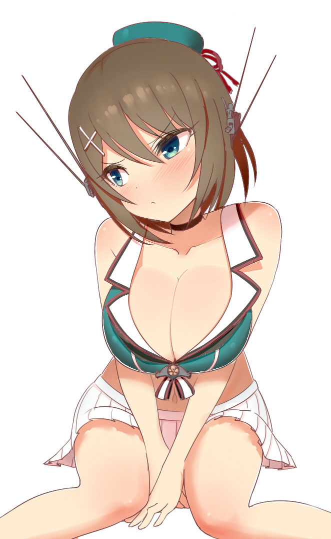 1girl black_gloves blue_eyes breasts brown_hair cleavage collarbone cowboy_shot gloves hair_ornament hairclip kantai_collection kemu_(pixiv463430) large_breasts looking_to_the_side maya_(kantai_collection) midriff miniskirt navel pleated_skirt sailor_dress school_uniform shirt short_hair simple_background sitting skirt sleeveless sleeveless_shirt solo v_arms white_background
