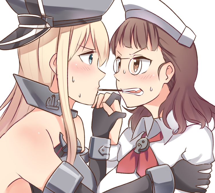2girls bangs bare_shoulders bismarck_(kantai_collection) blonde_hair blue_eyes blunt_bangs breast_press brown_eyes brown_hair capelet detached_sleeves glasses gloves hat headdress holding_hands ido_(teketeke) kantai_collection long_hair looking_at_another military military_hat military_uniform multiple_girls peaked_cap pince-nez pocky pocky_day pocky_kiss roma_(kantai_collection) shared_food simple_background symmetrical_docking uniform wavy_hair white_background yuri