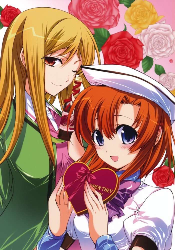 2girls beret blonde_hair blue_eyes blush bow brown_eyes dress flower gift hat higurashi_no_naku_koro_ni long_hair looking_at_viewer multiple_girls official_art one_eye_closed orange_hair rose ryuuguu_rena short_hair suzuragi_karin takano_miyo wine_bottle