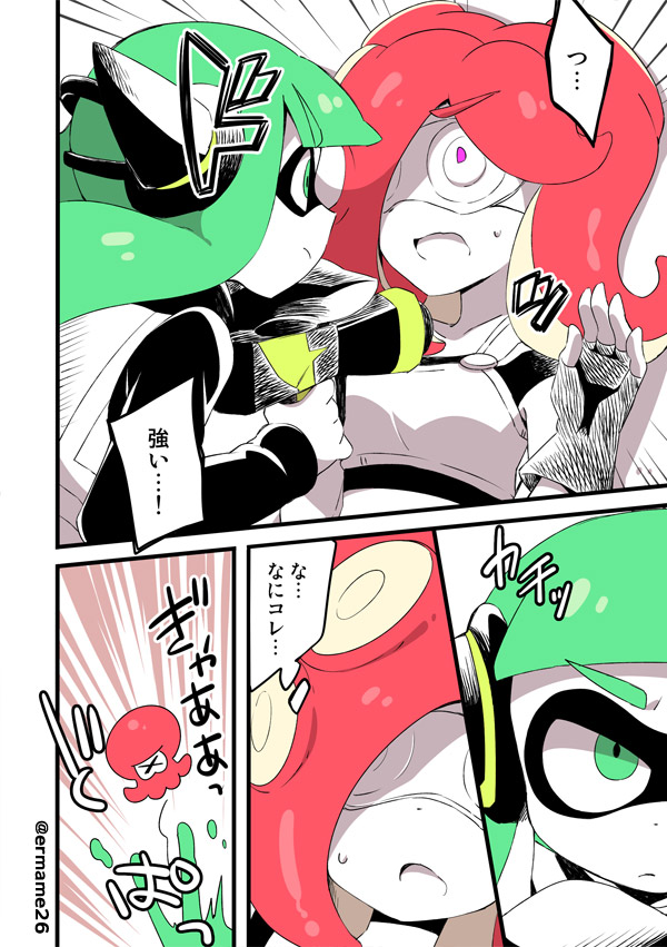 &gt;_&lt; 2girls agent_3 artist_name closed_eyes comic domino_mask eromame eyebrows green_eyes green_hair gun_to_head hands_up inkling long_hair mask midriff monochrome multiple_girls redhead splatoon super_soaker sweat takozonesu tank_top thick_eyebrows translation_request twitter_username violet_eyes