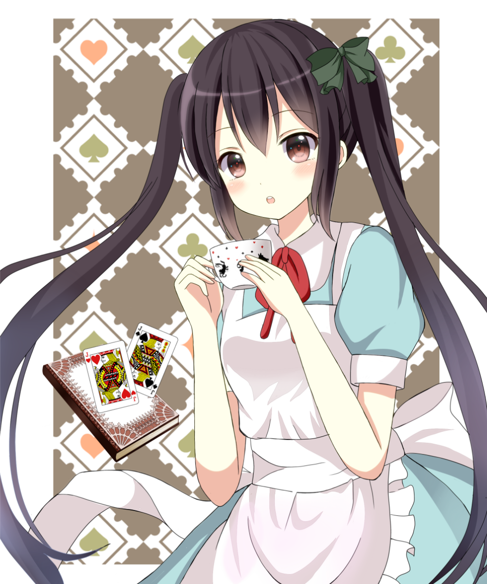 1girl alice_in_wonderland apron black_hair book brown_eyes card cup highres k-on! long_hair nakano_azusa playing_card ryoutan solo teacup twintails