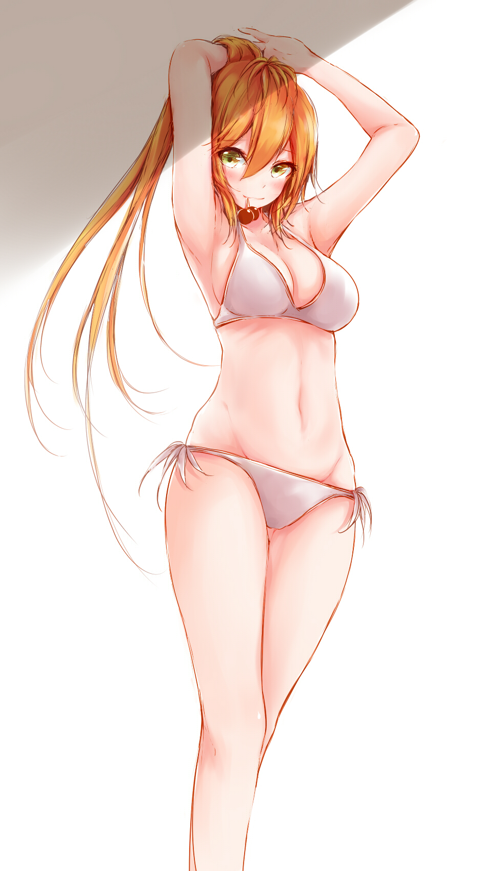 1girl bikini highres leiran_(p&amp;d) long_hair orange_hair ponytail puzzle_&amp;_dragons silver_(pixiv5594793) solo standing swimsuit yellow_eyes