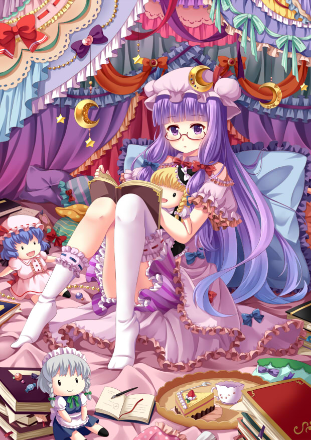 1girl :d ball bangs beads bed blonde_hair blue_boots blue_hair blunt_bangs blush book book_stack boots bow braid candy character_doll crescent crescent_hair_ornament cup curtains dress food fork frilled_dress frilled_sleeves frills fruit full_body garters glasses gradient_hair hair_bow hair_ornament hat holding holding_book indoors izayoi_sakuya kirisame_marisa kneehighs long_hair looking_at_viewer mini_witch_hat mob_cap multicolored_hair no_shoes open_book open_mouth patchouli_knowledge pen pillow polka_dot purple_bow purple_hair red-framed_glasses red_bow red_ribbon remilia_scarlet ribbon ribbon-trimmed_clothes ribbon_trim single_thighhigh sitting skirt skirt_set slice_of_cake smile solo star strawberry striped striped_dress teacup thigh-highs touhou very_long_hair villyane violet_eyes white_bow white_legwear