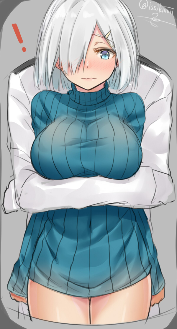 ! 1girl admiral_(kantai_collection) alternate_costume blue_eyes blush breasts closed_mouth grey_hair hair_ornament hair_over_one_eye hairclip hamakaze_(kantai_collection) hug hug_from_behind isshiki_(ffmania7) kantai_collection ribbed_sweater short_hair silver_hair simple_background sketch solo_focus sweater turtleneck twitter_username wavy_mouth