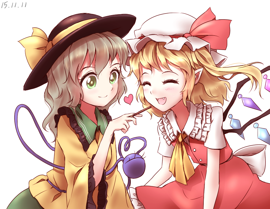 2girls :d ^_^ ascot blonde_hair closed_eyes fang flandre_scarlet girls green_eyes hat hat_ribbon heart komeiji_koishi minust multiple_girls open_mouth pocky_day pointy_ears ribbon short_hair side_ponytail silver_hair simple_background smile third_eye touhou white_background wings