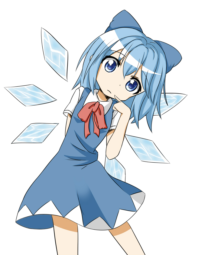 1girl arm_behind_back artist_apprentice blue_eyes blue_hair bow cirno dress finger_to_mouth head_tilt ice ice_wings looking_at_viewer short_hair solo touhou wings