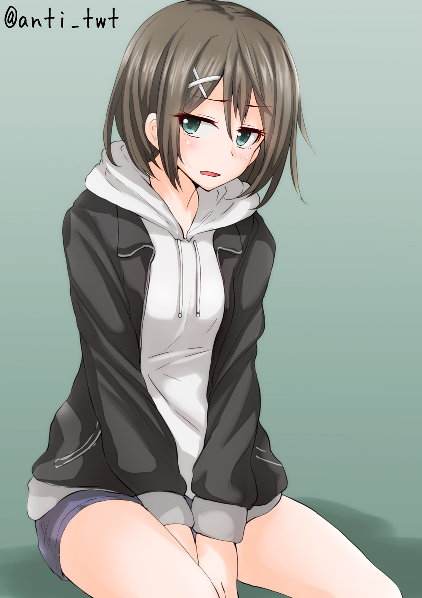 1girl anti_(untea9) bangs black_jacket blue_pants brown_hair casual commentary_request green_background green_eyes hair_ornament hair_ribbon highres hoodie jacket kantai_collection long_sleeves maya_(kantai_collection) open_clothes open_jacket pants ribbon short_hair short_pants shorts simple_background sitting solo thighs twitter_username