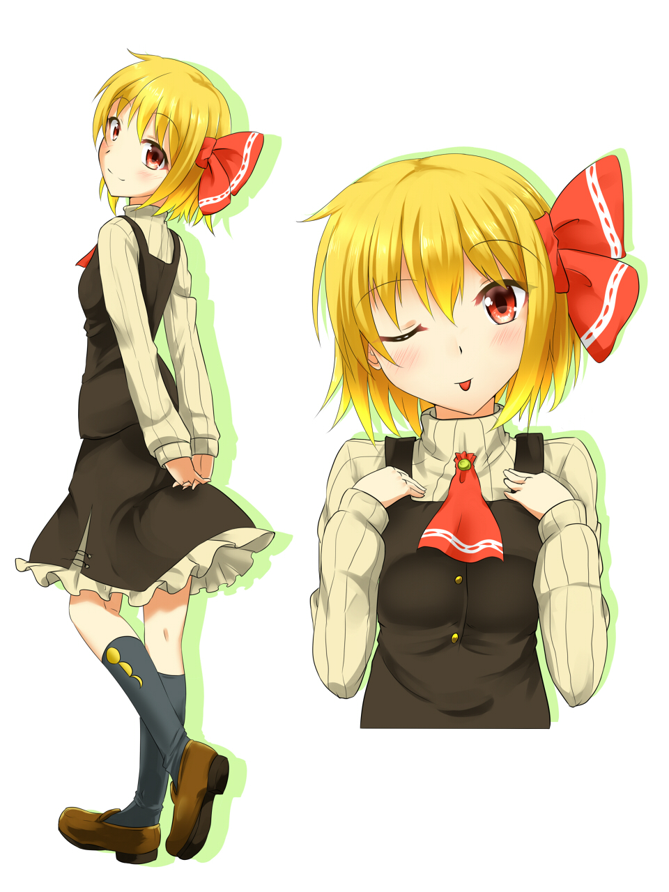 1girl :p arms_behind_back blonde_hair frilled_skirt frills hair_ribbon highres moon_phases red_eyes ribbed_shirt ribbon rody_(hayama_yuu) rumia shirt short_hair skirt tongue tongue_out touhou vest