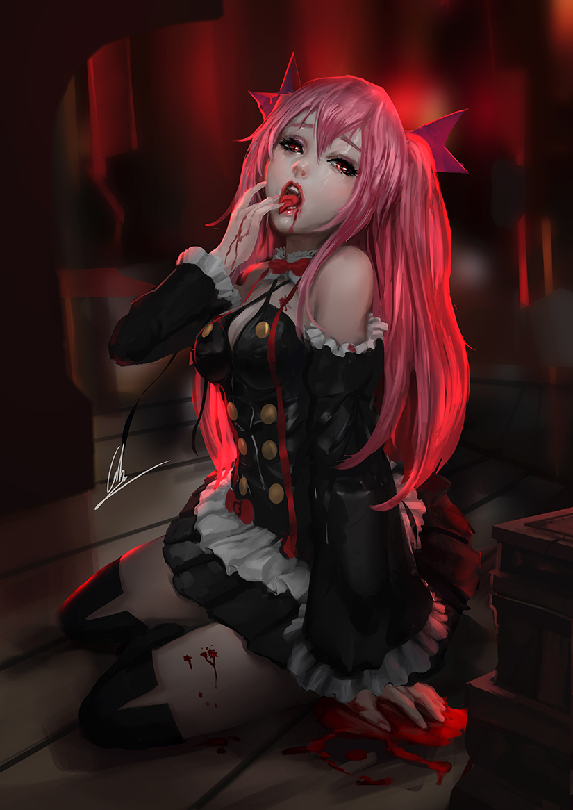 1girl arm_support backlighting bare_shoulders black_boots black_dress black_legwear blood blood_from_mouth blood_on_face bloody_hands boots breasts cglas detached_sleeves dress eyelashes eyeliner finger_licking frilled_dress frilled_sleeves frills full_body hair_between_eyes indoors krul_tepes licking lips lipstick long_hair looking_at_viewer makeup nail_polish naughty_face nose on_floor open_mouth owari_no_seraph pink_fingernails pink_hair pink_lipstick pointy_ears pool_of_blood realistic red_eyes signature sitting solo thigh-highs thigh_boots tongue vampire very_long_hair yokozuwari