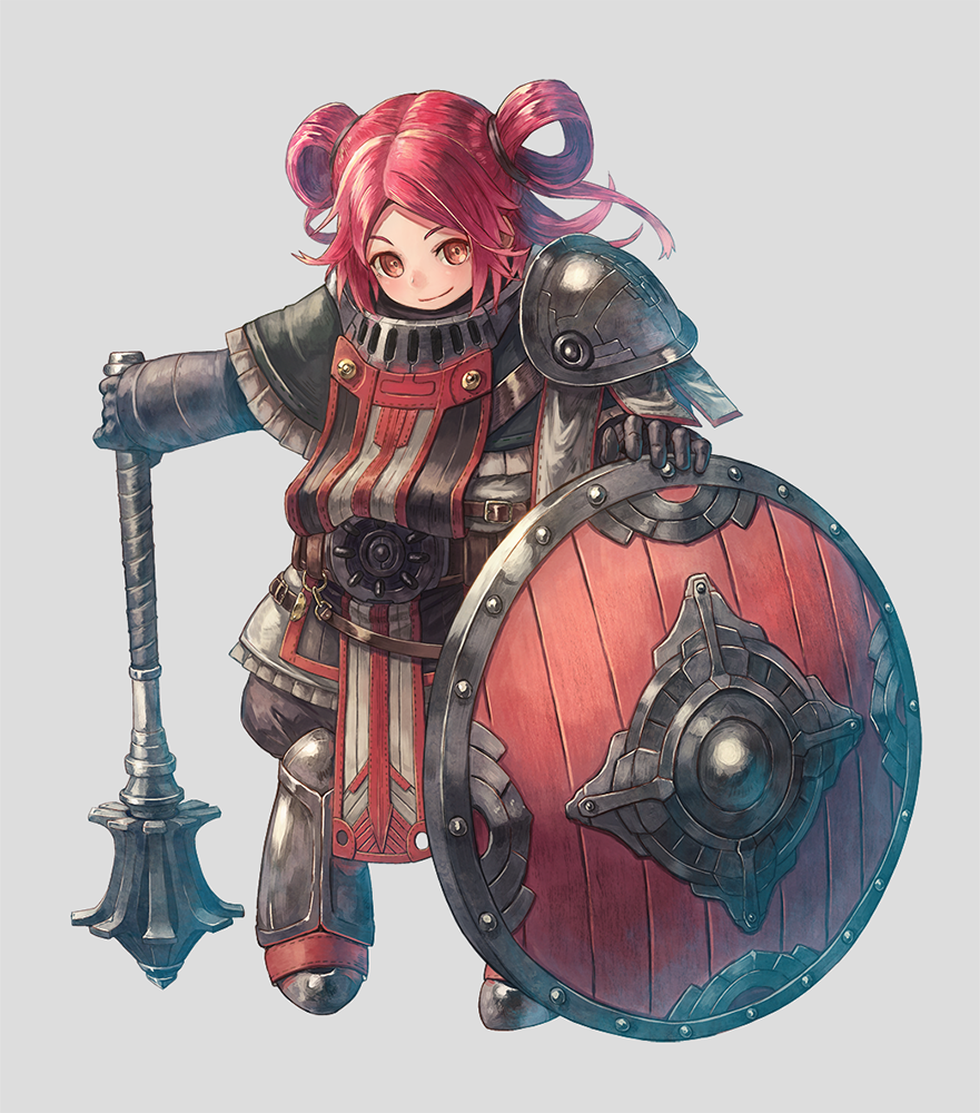 1girl armor bangs boots brown_eyes dwarf full_body gauntlets grey_background hair_rings kuroi_susumu mace multicolored_hair official_art parted_bangs planted_weapon redhead shield shoulder_armor simple_background smile solo standing sword_world sword_world_2.5 tabard two-tone_hair weapon
