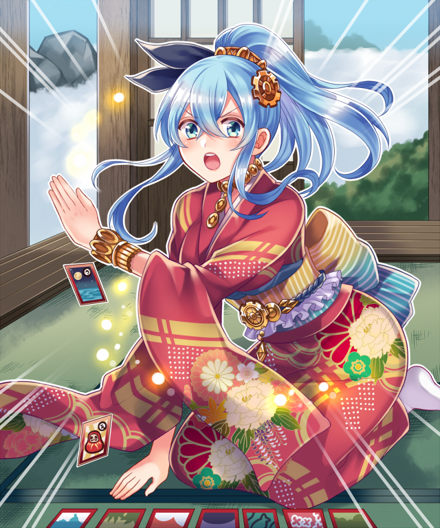 1girl blue_eyes blue_hair japanese_clothes kimono kneeling long_hair official_art senjou_no_electro_girl shina_shina solo