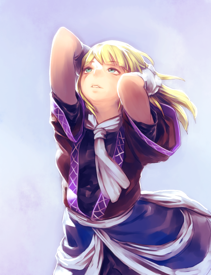 1girl arm_warmers arms_up blonde_hair gengoroumaru_(ambidextrous) gradient gradient_background green_eyes looking_up mizuhashi_parsee parted_lips scarf shirt short_hair short_sleeves skirt solo touhou vest