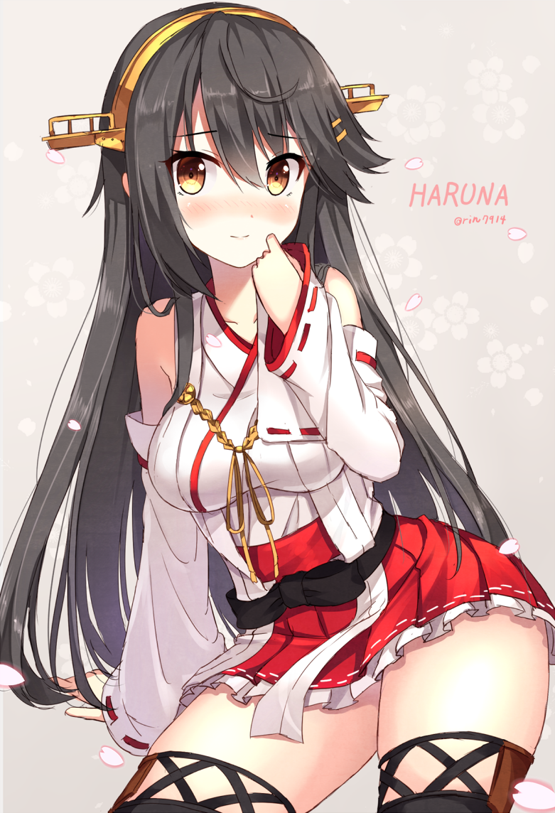 1girl bare_shoulders black_hair black_legwear blush bow brown_eyes cherry_blossoms collarbone cowboy_shot detached_sleeves floral_background grey_background hand_on_own_face haruna_(kantai_collection) headgear kantai_collection long_hair looking_at_viewer nikkunemu nontraditional_miko nose_blush red_skirt simple_background skirt smile solo thigh-highs thighs twitter_username very_long_hair wide_sleeves