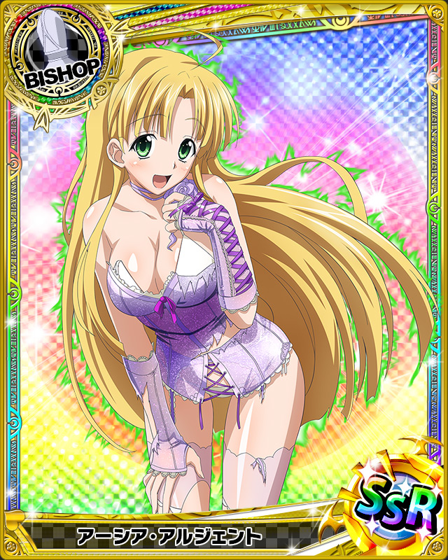 1girl asia_argento bishop_(chess) blonde_hair bra breasts card_(medium) character_name chess_piece cleavage garter_straps green_eyes high_school_dxd long_hair looking_at_viewer panties pink_legwear smile solo torn_clothes underwear white_bra white_panties