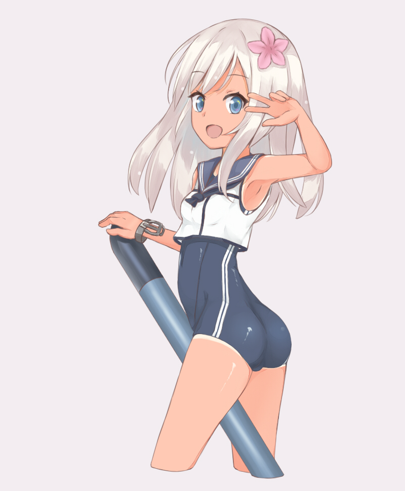 1girl ass between_legs blonde_hair blue_eyes blush crop_top flower from_behind hair_flower hair_ornament kantai_collection long_hair looking_at_viewer looking_back mochirea open_mouth ro-500_(kantai_collection) sailor_collar school_swimsuit smile solo swimsuit swimsuit_under_clothes tan tanline torpedo v