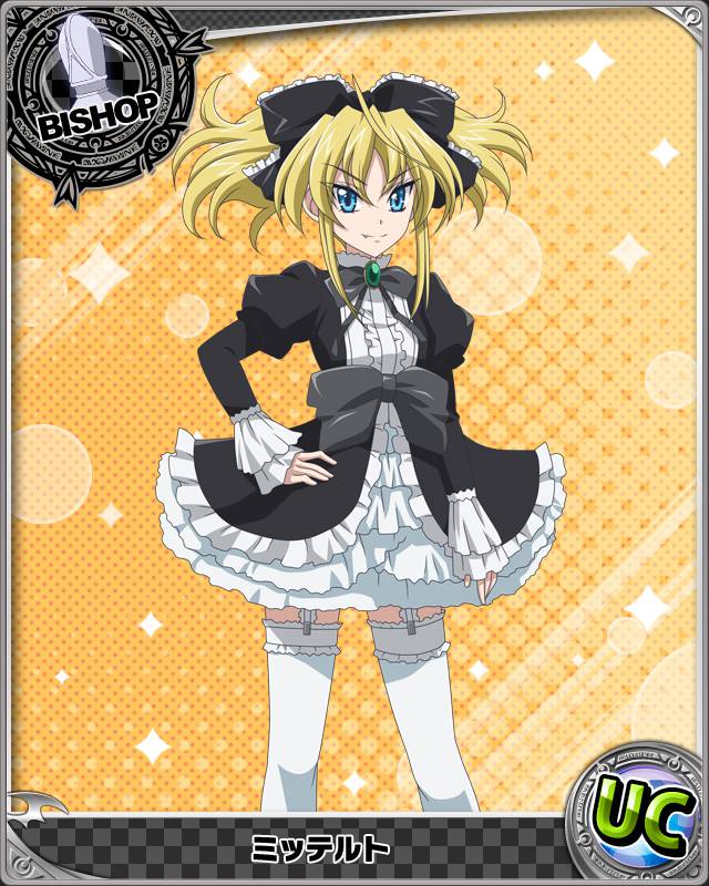 1girl artist_request bishop_(chess) blonde_hair blue_eyes card_(medium) character_name chess_piece fang fang_out garter_straps gothic_lolita high_school_dxd juliet_sleeves lolita_fashion long_sleeves mittelt official_art puffy_sleeves solo thigh-highs trading_card tsurime white_legwear