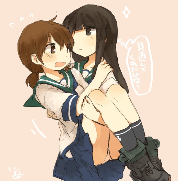 2girls bangs black_hair blunt_bangs blush brown_eyes brown_hair carrying collared_shirt commentary flying_sweatdrops hand_on_another's_shoulder hatsuyuki_(kantai_collection) ina_(1813576) kantai_collection long_hair low_twintails multiple_girls neckerchief open_mouth panties parted_bangs pleated_skirt princess_carry sailor_collar school_uniform serafuku shirayuki_(kantai_collection) shirt short_hair simple_background skirt sparkle translation_request twintails underwear white_panties