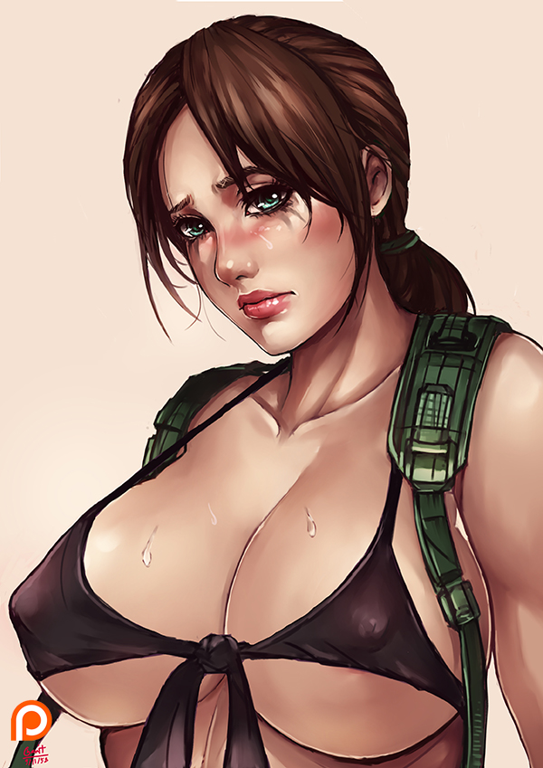 1girl alternate_breast_size bikini blue_eyes blush breasts cleavage collarbone covered_nipples front-tie_bikini front-tie_top huge_breasts kachima lips metal_gear_(series) metal_gear_solid_v nose patreon pink_background ponytail quiet_(metal_gear) simple_background solo strap_gap suspenders sweat swimsuit upper_body