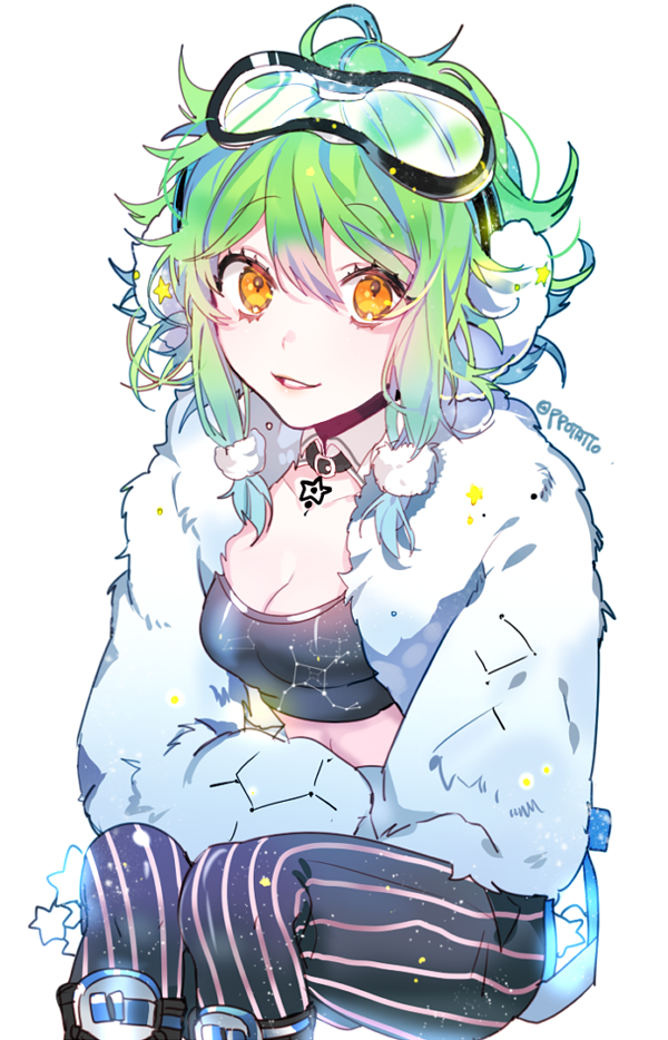 1girl bangs belt breasts cleavage constellation cropped_jacket detached_collar earmuffs fur_trim green_hair gumi hair_ornament looking_at_viewer midriff orange_eyes parted_lips piyo_(ppotatto) short_hair simple_background sitting smile solo star star_print starry_sky_print striped text vocaloid white_background