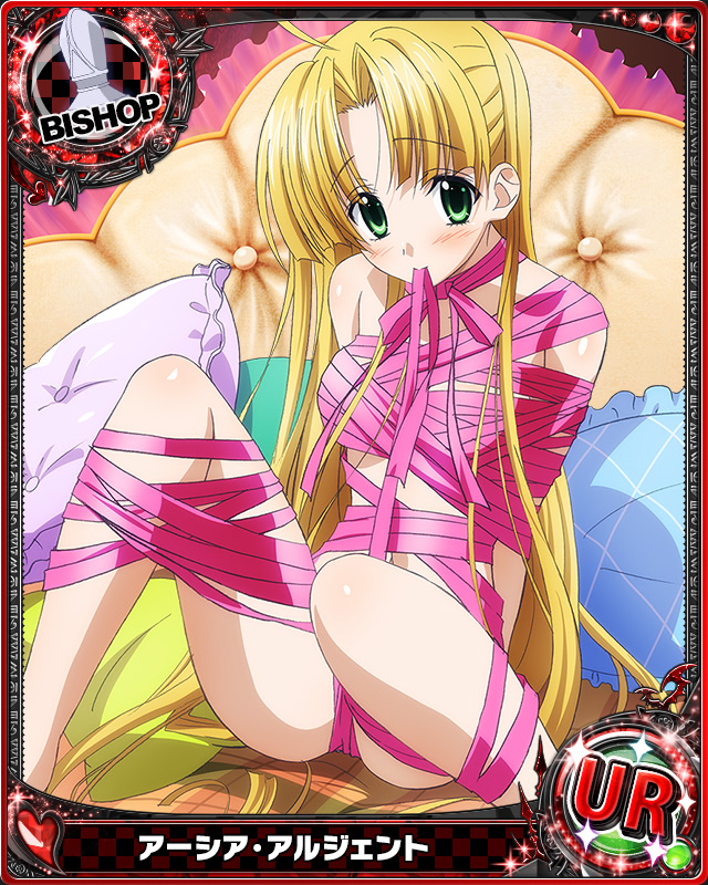 1girl asia_argento bishop_(chess) blonde_hair blush card_(medium) character_name chess_piece green_eyes high_school_dxd long_hair looking_at_viewer mouth_hold pillow pink_ribbon ribbon ribbon_in_mouth solo very_long_hair