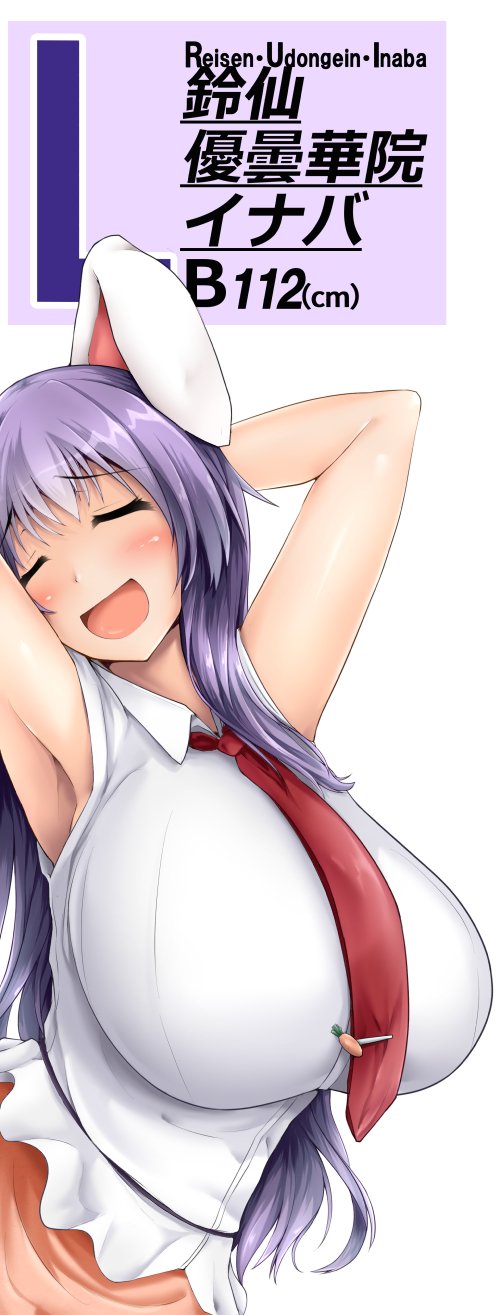 1girl adapted_costume animal_ears armpits arms_behind_back bangs blush breasts character_name collared_shirt gigantic_breasts hair_over_shoulder highres huge_breasts long_hair measurements necktie open_mouth pink_skirt purple purple_hair rabbit_ears red_necktie reisen_udongein_inaba shirt showing_armpits simple_background skirt sleeveless smug solo tie_clip tongue touhou toumeikousokudouro very_long_hair white_background white_shirt