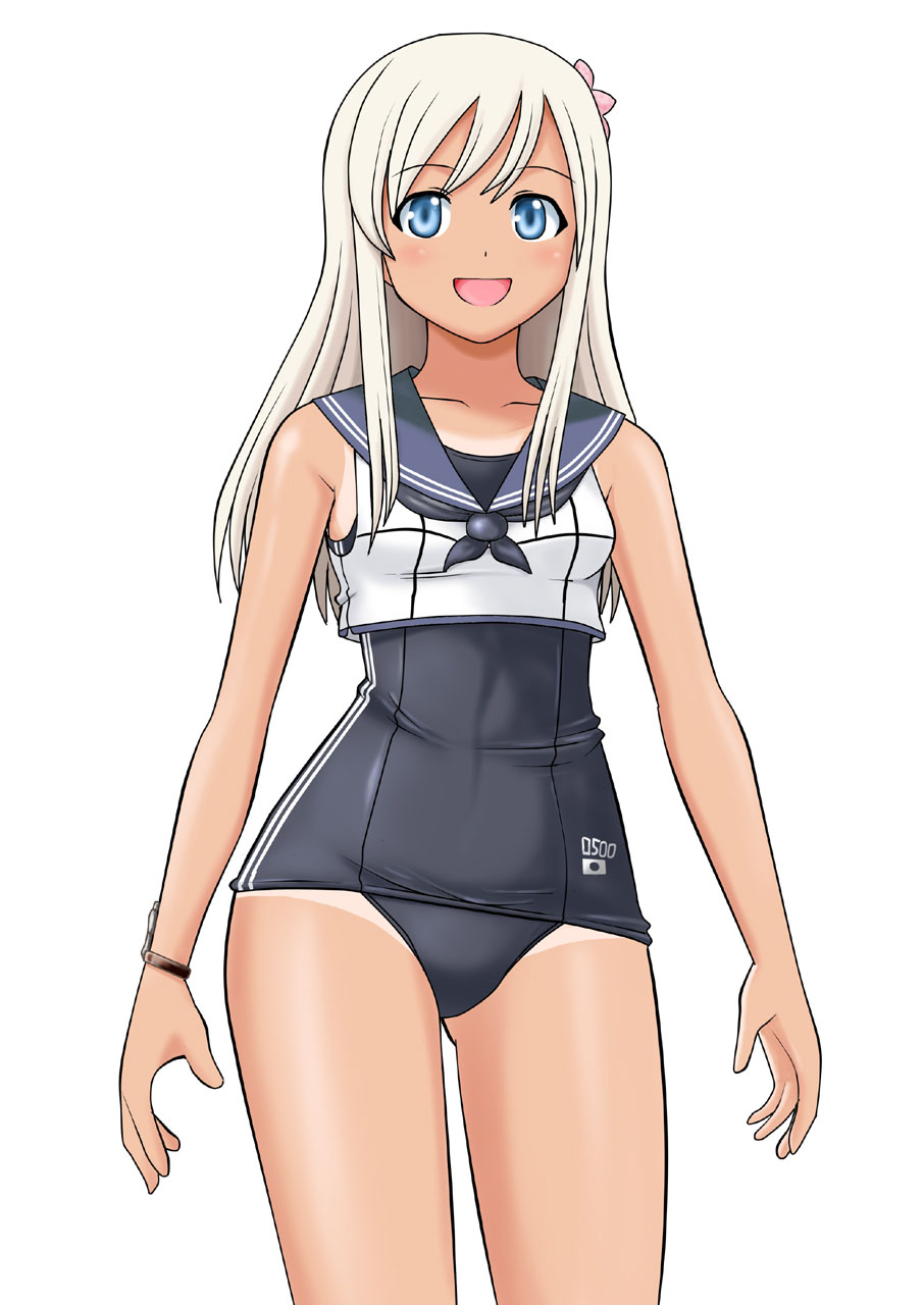 1girl blonde_hair blue_eyes crop_top flower hair_flower hair_ornament highres kantai_collection long_hair one-piece_tan reikoenji ro-500_(kantai_collection) sailor_collar school_swimsuit solo standing swimsuit swimsuit_under_clothes tan tanline