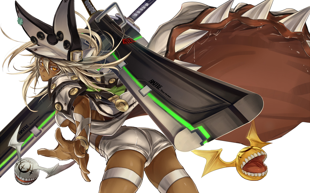 1girl ass beltbra breasts cloak creature dark_skin expressionless extra_mouth floating_swords from_behind guilty_gear guilty_gear_xrd huge_weapon long_hair looking_back orange_eyes oro_(sumakaita) ramlethal_valentine short_shorts shorts silver_hair skindentation solo sword thigh_strap under_boob weapon white_background