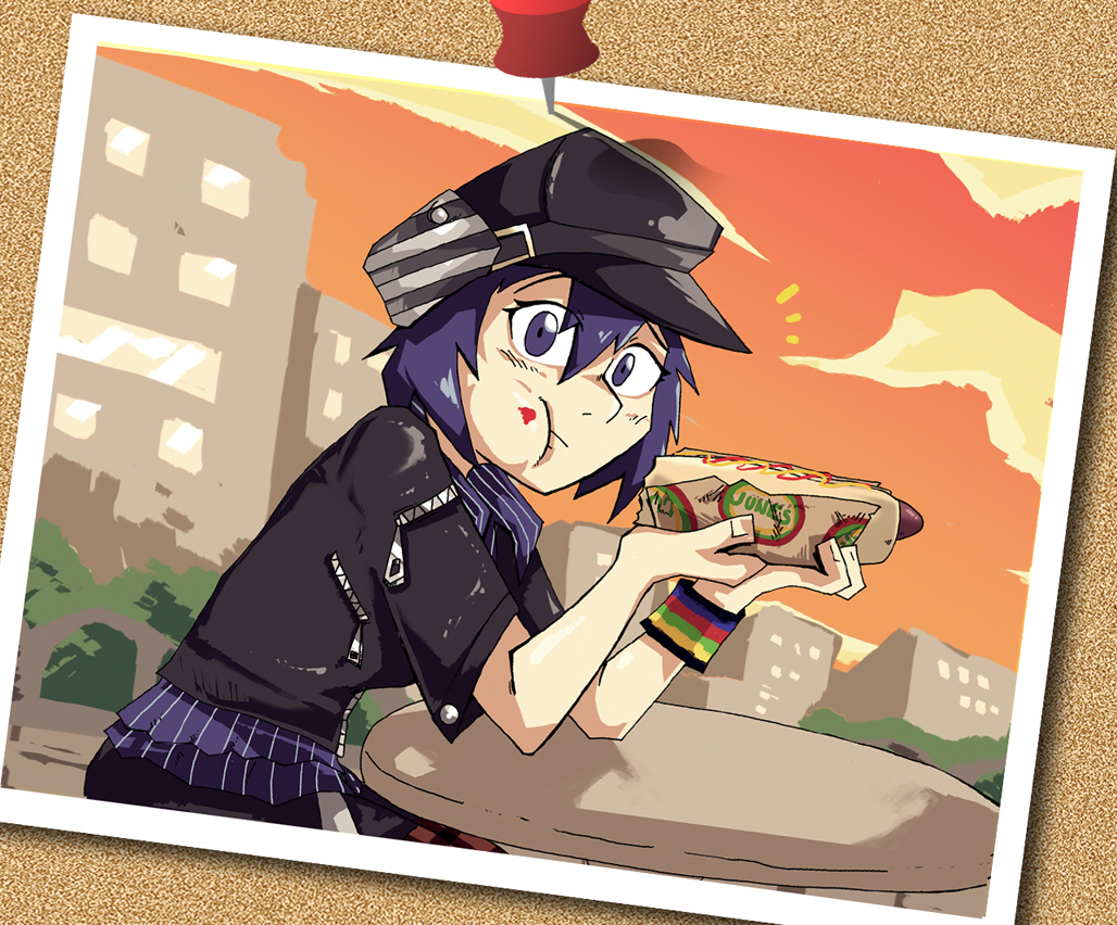 1girl alternate_costume blue_eyes blue_hair cabbie_hat eating food food_on_face full_mouth hat hot_dog ketchup looking_at_viewer pantyhose persona persona_4 persona_4:_dancing_all_night photo_(object) setz shirogane_naoto short_hair skirt solo thumbtack