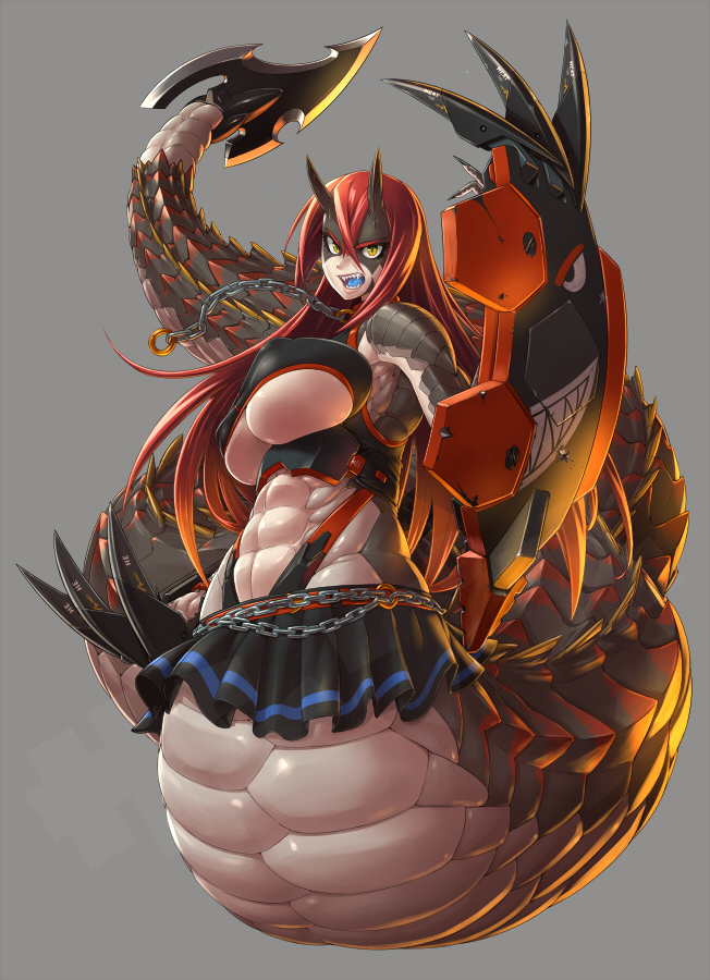 1girl abs belt blade blue_tongue breasts chain claws cleavage_cutout collar commentary_request fangs horns huge_breasts lamia leash long_hair looking_at_viewer mechanical_arm midriff mikoyan monster_girl muscle original rattlesnake redhead scales skirt slit_pupils solo taimanin_asagi taimanin_asagi_kessen_arena toned under_boob yellow_eyes