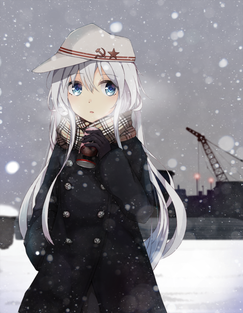 1girl blue_eyes breath cap clouds cloudy_sky colis_(regunm772) commentary_request cowboy_shot crane hammer_and_sickle hand_in_pocket harbor hibiki_(kantai_collection) highres kantai_collection long_hair looking_to_the_side outdoors parted_lips plaid plaid_scarf scarf ship sky snow snowflakes snowing soda_can solo star verniy_(kantai_collection) white_hair winter winter_clothes