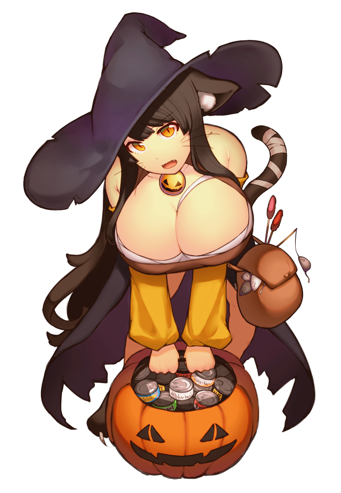 1girl animal_ears bare_shoulders breasts brown_eyes brown_hair cat_ears cat_food cat_tail cleavage fangs halloween huge_breasts long_hair mogu_(kanikama_mgmg) mouse original simple_background solo tail white_background witch