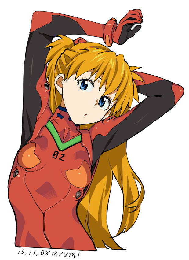 1girl :o arm_behind_head armpits arms_up arumi_(arumi-ke) blue_eyes bodysuit bracer dated gloves hair_ornament leaning long_hair looking_at_viewer neon_genesis_evangelion number open_mouth orange_hair pilot_suit plugsuit signature simple_background small_breasts solo souryuu_asuka_langley stretch turtleneck two_side_up upper_body very_long_hair white_background