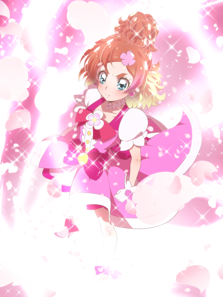 1girl blonde_hair blue_eyes bow brown_hair choker cure_flora earrings eyebrows full_body gloves go!_princess_precure gradient_hair hair_ornament hairclip haruno_haruka henshin jewelry multicolored_hair petals pink_background pink_bow pink_hair pink_skirt precure serious short_hair skirt solo sparkle standing thick_eyebrows tj-type1 transformation white_gloves