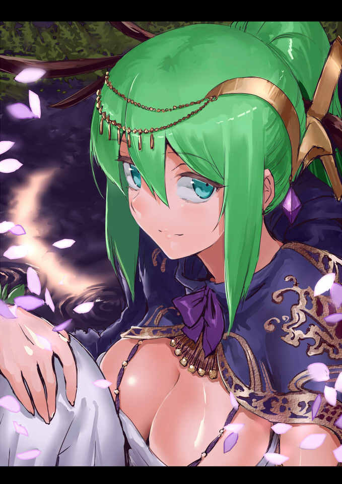 1girl aqua_eyes armor artemis_(p&amp;d) bare_shoulders blush breasts circlet cleavage green_hair hair_ornament jewelry jyon long_hair looking_at_viewer petals ponytail puzzle_&amp;_dragons smile solo