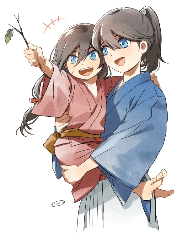 2boys alternate_hair_length alternate_hairstyle blue_eyes brown_hair carrying commentary_request hakama high_ponytail horikawa_kunihiro izumi-no-kami_kanesada japanese_clothes kimono long_hair low-tied_long_hair male_focus mizuhara_aki multiple_boys open_mouth ponytail simple_background stick touken_ranbu white_background younger