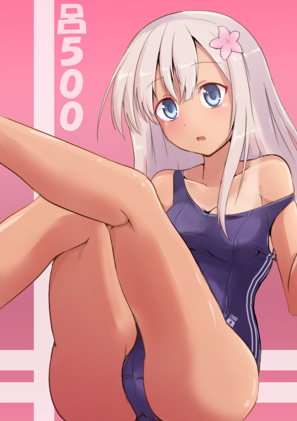 1girl :o bare_legs blonde_hair blue_eyes blush character_name collarbone flower hair_flower hair_ornament hi-rin japanese_flag kantai_collection kneepits off_shoulder one-piece_swimsuit parted_lips pink_background ro-500_(kantai_collection) school_swimsuit simple_background sitting solo swimsuit tan tanline