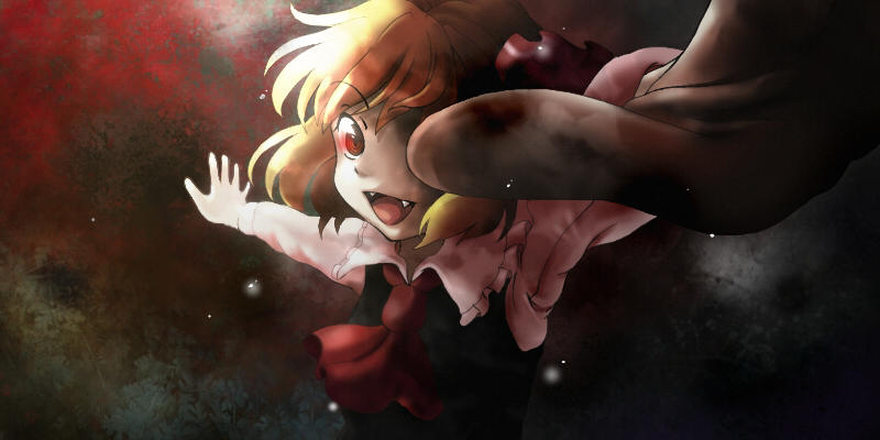 bad_id blonde_hair fangs hair_ribbon necktie open_mouth outstretched_arms red_eyes ribbon rumia short_hair solo spread_arms touhou yuko_(artist) yuuyuu_(yuko)