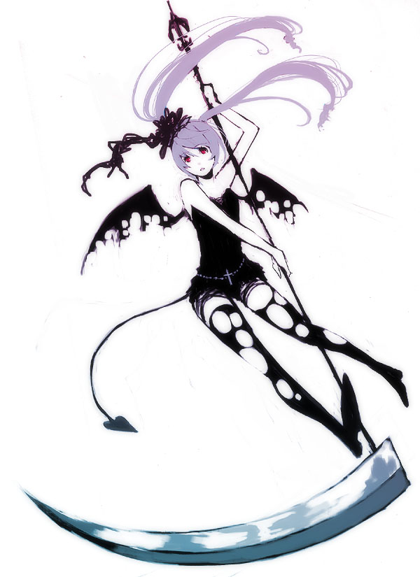 alternate_costume bad_id bat_wings black_legwear blue_hair hair_ribbon hatsune_miku long_hair red_eyes ribbon scythe simple_background solo tail thigh-highs thighhighs torn_clothes twintails vocaloid wings