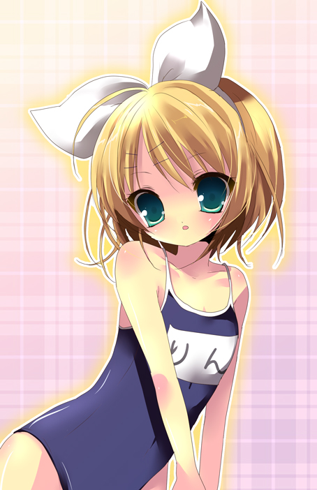 bad_id blonde_hair child hair_ornament hair_ribbon hairclip kagamine_rin kosuzume one-piece_swimsuit ribbon school_swimsuit short_hair solo swimsuit vocaloid